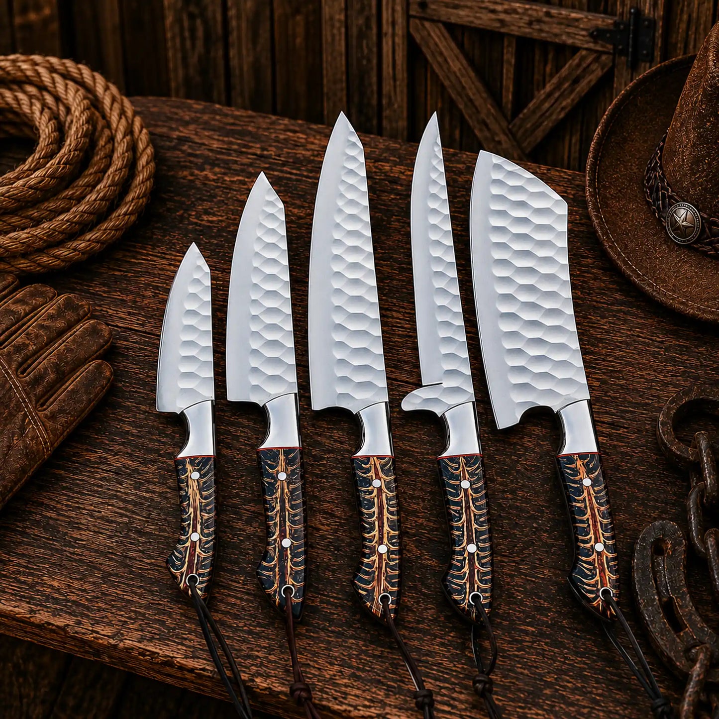Cone Back Handles D2 Steel Chef Knife Set with Leather Roll Kit