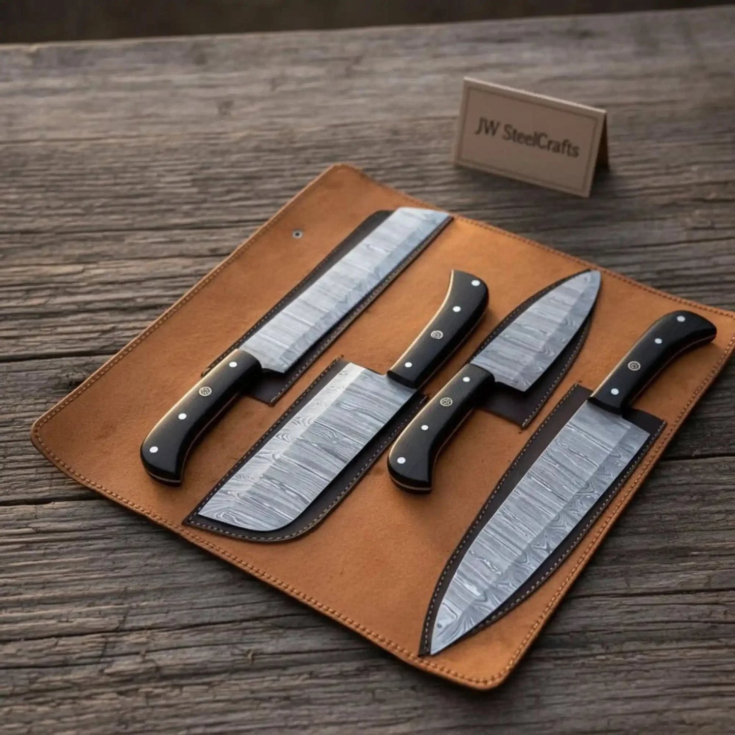 4-Piece Damascus Steel Kitchen Knife Set — Chef, Santoku, Cleaver & Utility with Wengi Wood Handles & Leather Roll