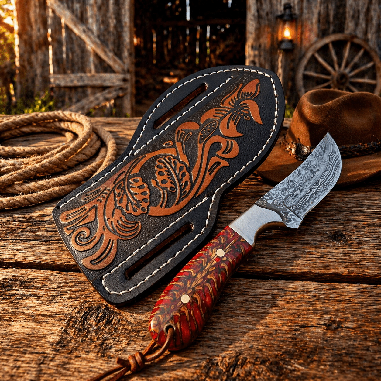 Rancher Belt Knife – 3.75" Damascus Steel Pinecone Handle