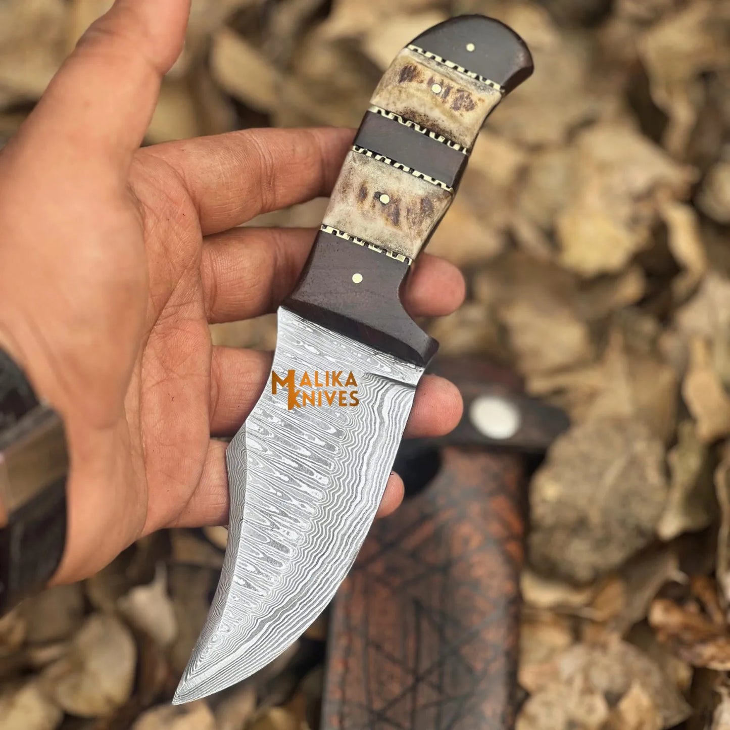 SS Damascus Stag Hunting Bowie Knife with Custom Leather Sheath-0047