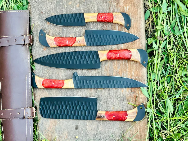 Best Japanese Kitchen Knife Set – 13" Forged Stainless Steel Blade with Olivewood & Resin Handle + Leather Sheath