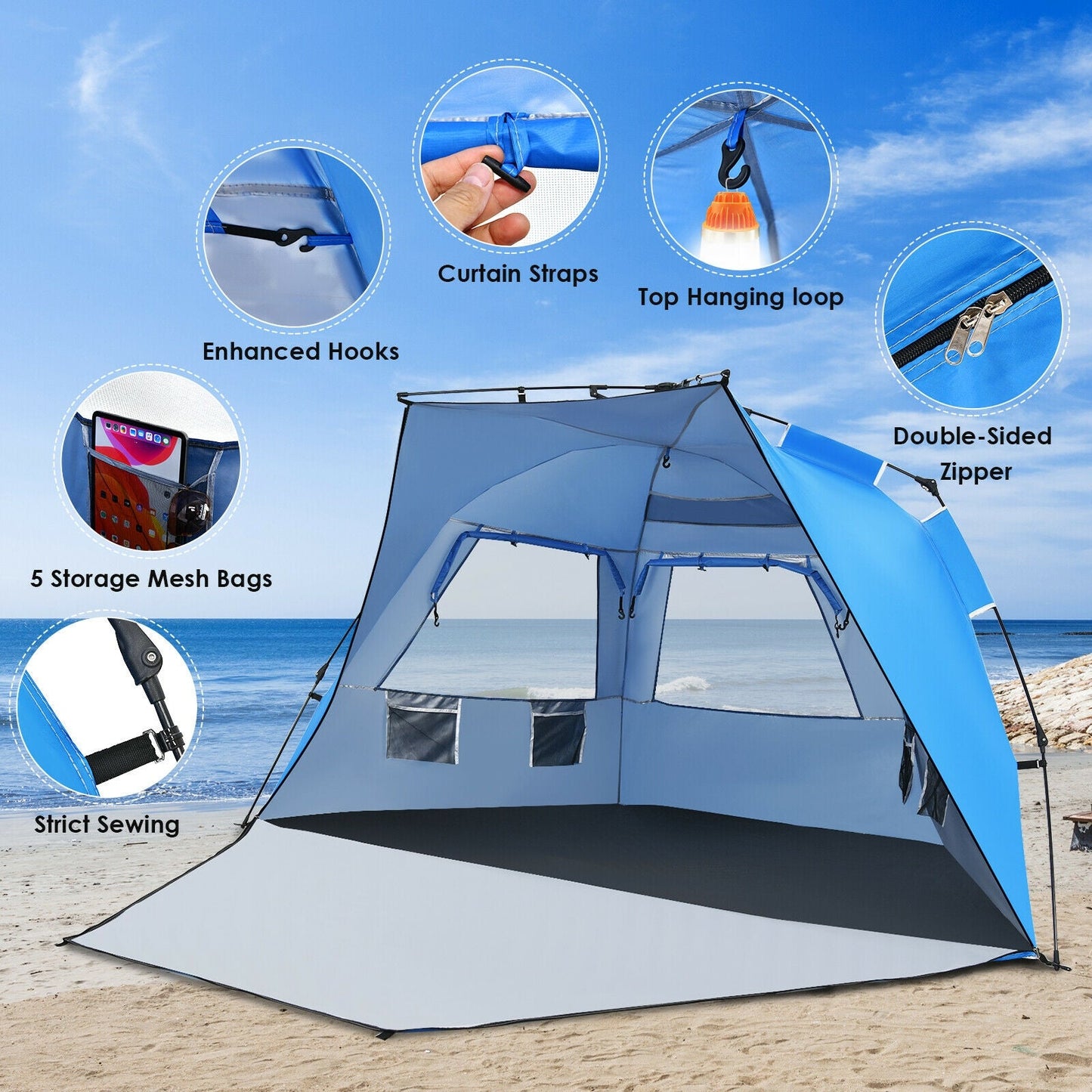 3-4 Person Easy Pop Up Beach Tent UPF 50+ Portable Sun Shelter