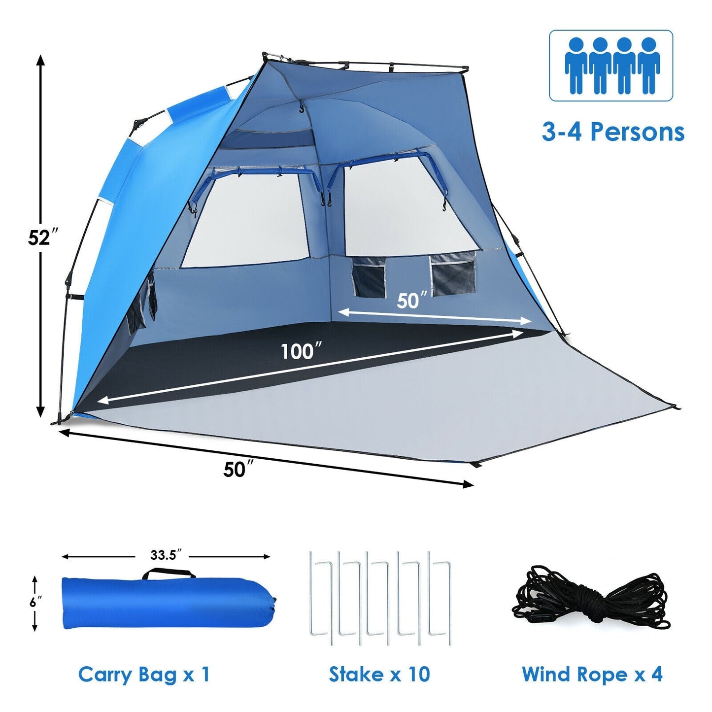 3-4 Person Easy Pop Up Beach Tent UPF 50+ Portable Sun Shelter