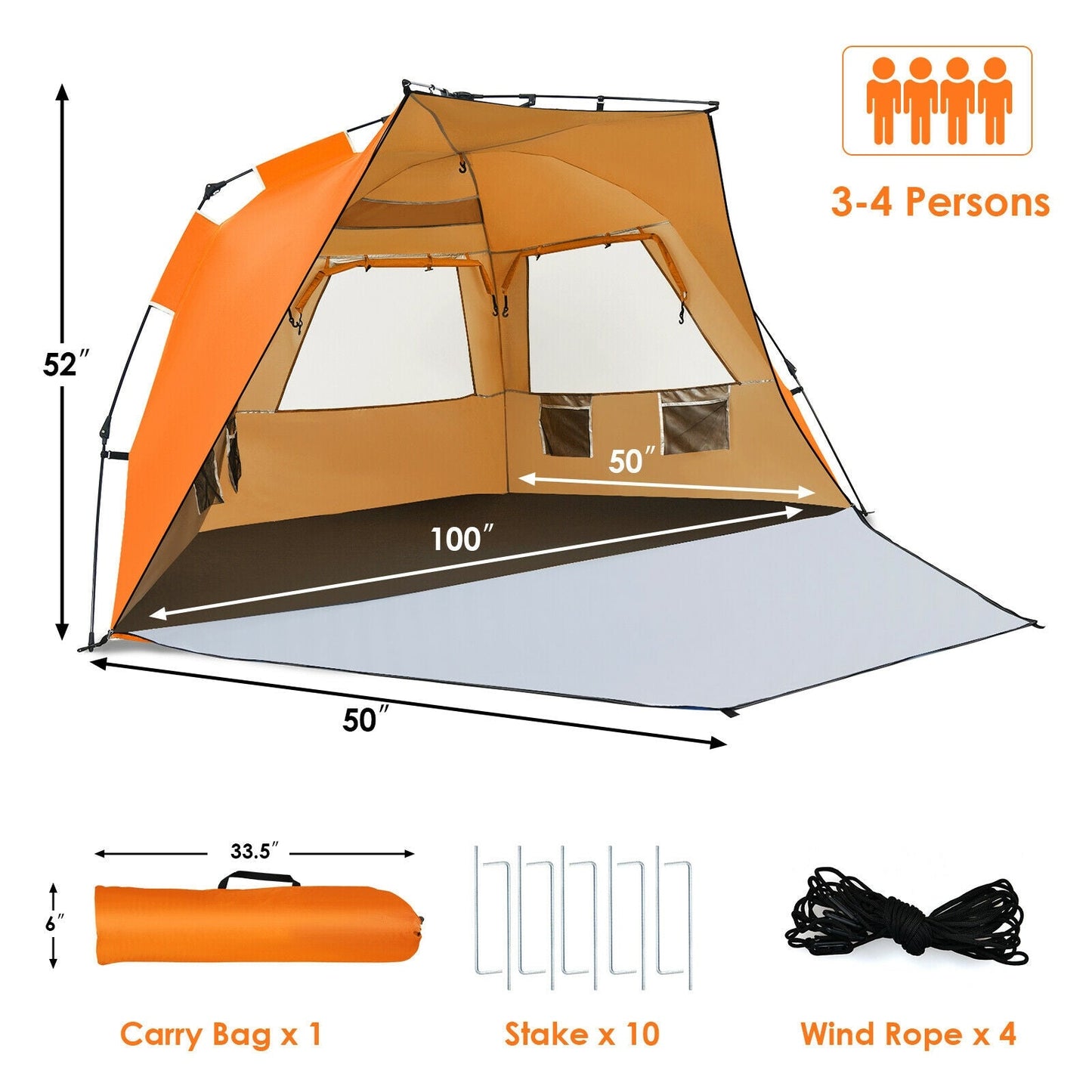 3-4 Person Easy Pop Up Beach Tent UPF 50+ Portable Sun Shelter