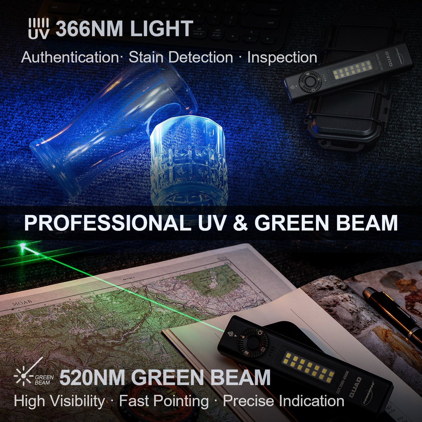 POWERTAC QUAD 2000 Lumen Flashlight | 4-in-1 Flat Design | USB-C Rechargeable | Green Laser + UV + Warm Side Light | Brightest Multi-Beam Tactical Light