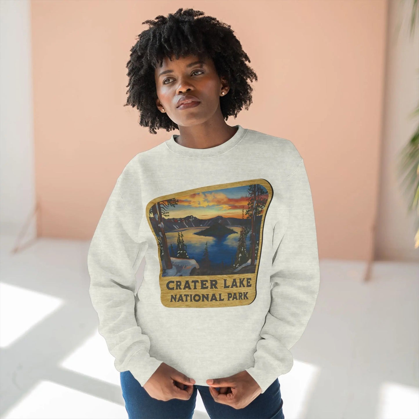 Crater Lake National Park Unisex Fit Crewneck Sweatshirt Wood Sign Lake View