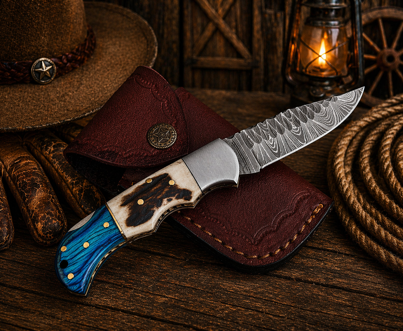 Hand Forged Damascus Pocket Knife – Engraved Folding Knife with Stag Horn & Blue Pakka Wood Handle