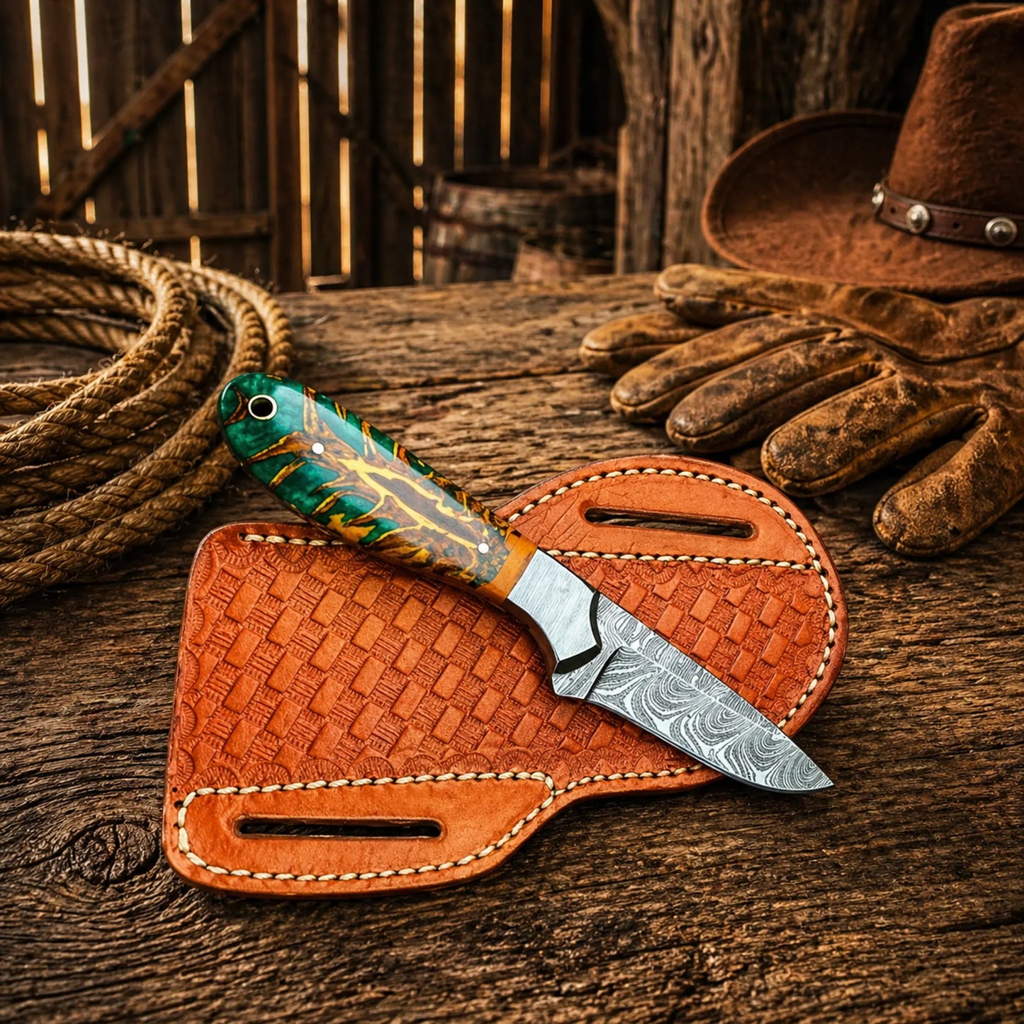 Cowboy Knife Damascus Steel Blade Epoxy Pine Cone Handle EDC