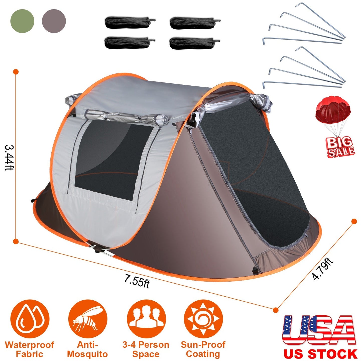 3-4 Person Pop Up Tent Automatic Setup Camping Tent Waterproof Instant Setup Tent with 2 Mosquito Net Windows Carrying Bag for Hiking Climbing Adventu