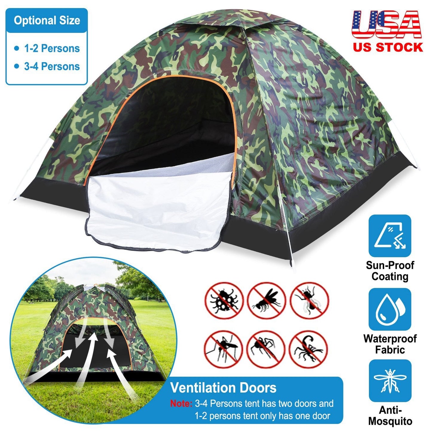 1/2 Person Instant Pop Up Dome Tent Waterproof Camping Tent w/Mosquito Net Doors Bags