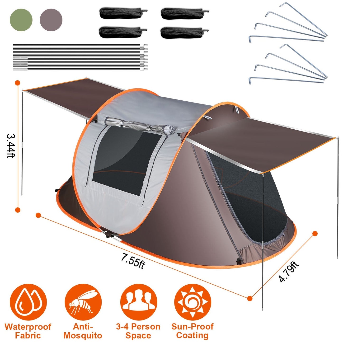 3-4 Person Pop Up Tent Automatic Setup Camping Tent Waterproof Instant Setup Tent with 2 Mosquito Net Windows Carrying Bag for Hiking Climbing Adventu