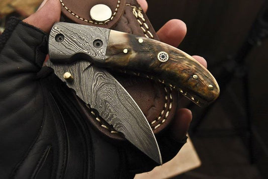 Everyday Carry Damascus Steel Folding Pocket Knife - Sheep Horn Handle