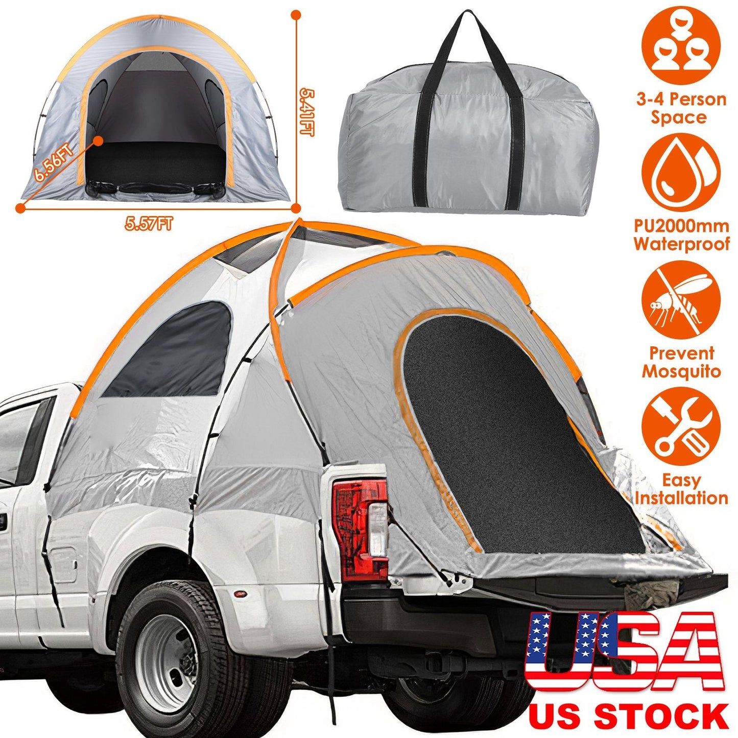 Truck Bed Tent Waterproof Windproof Pickup Truck Tent with Carry Bag 5.41-6.56FT Bed Rainfly PU2000mm Waterproof for Camping Travel