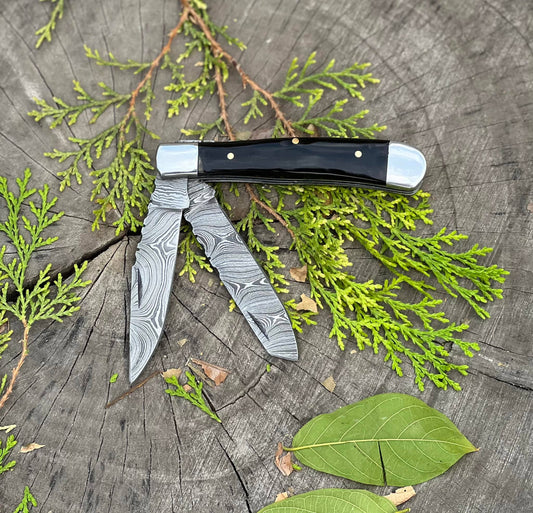 Damascus Handmade Custom Trapper Folding Pocket Knife with Buffalo Horn and Steel Bolsters Handle, 3.2-inch Blade Length