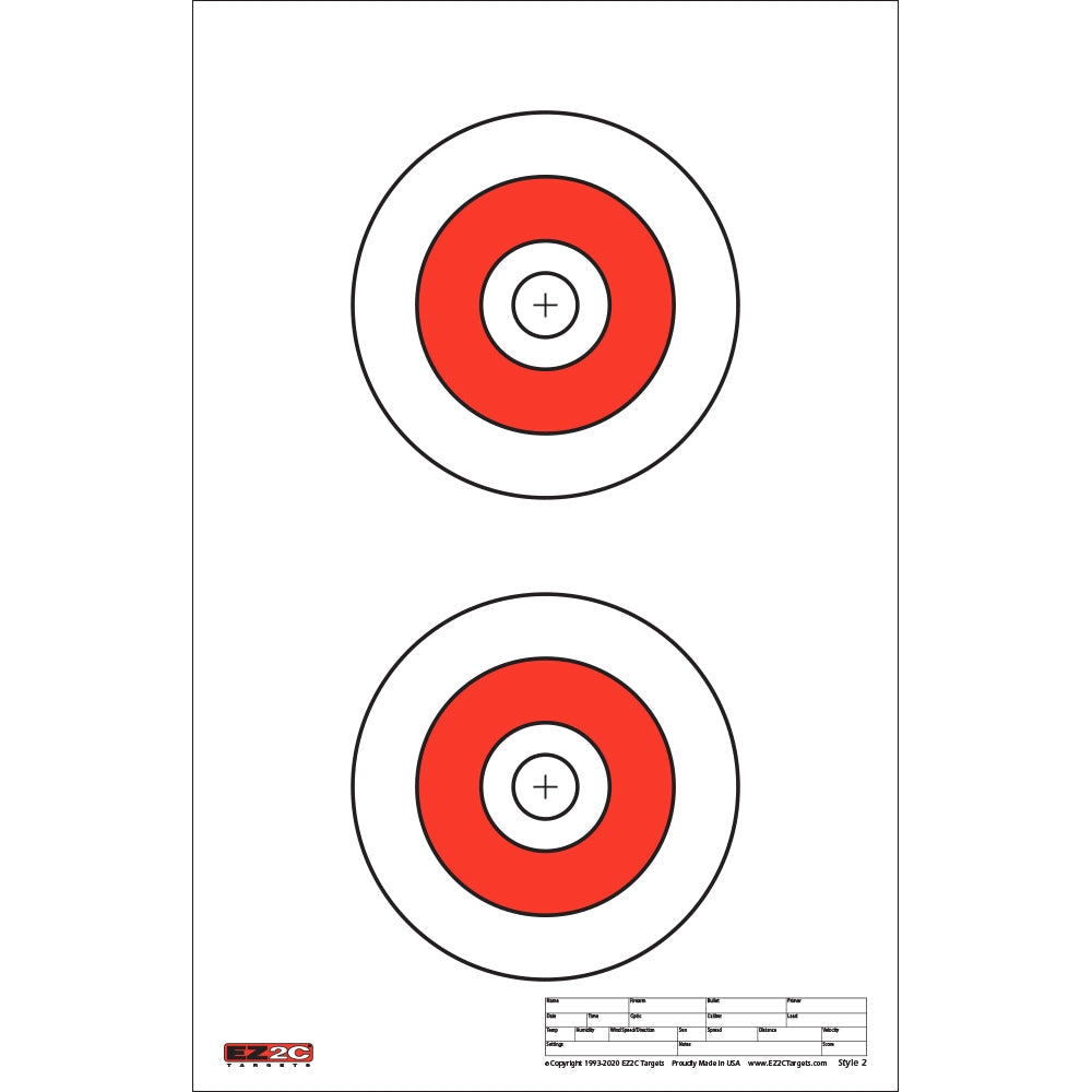 EZ2C Targets Style 2: Double Bullseye Paper Shooting Range Targets USA MADE 11”x17”