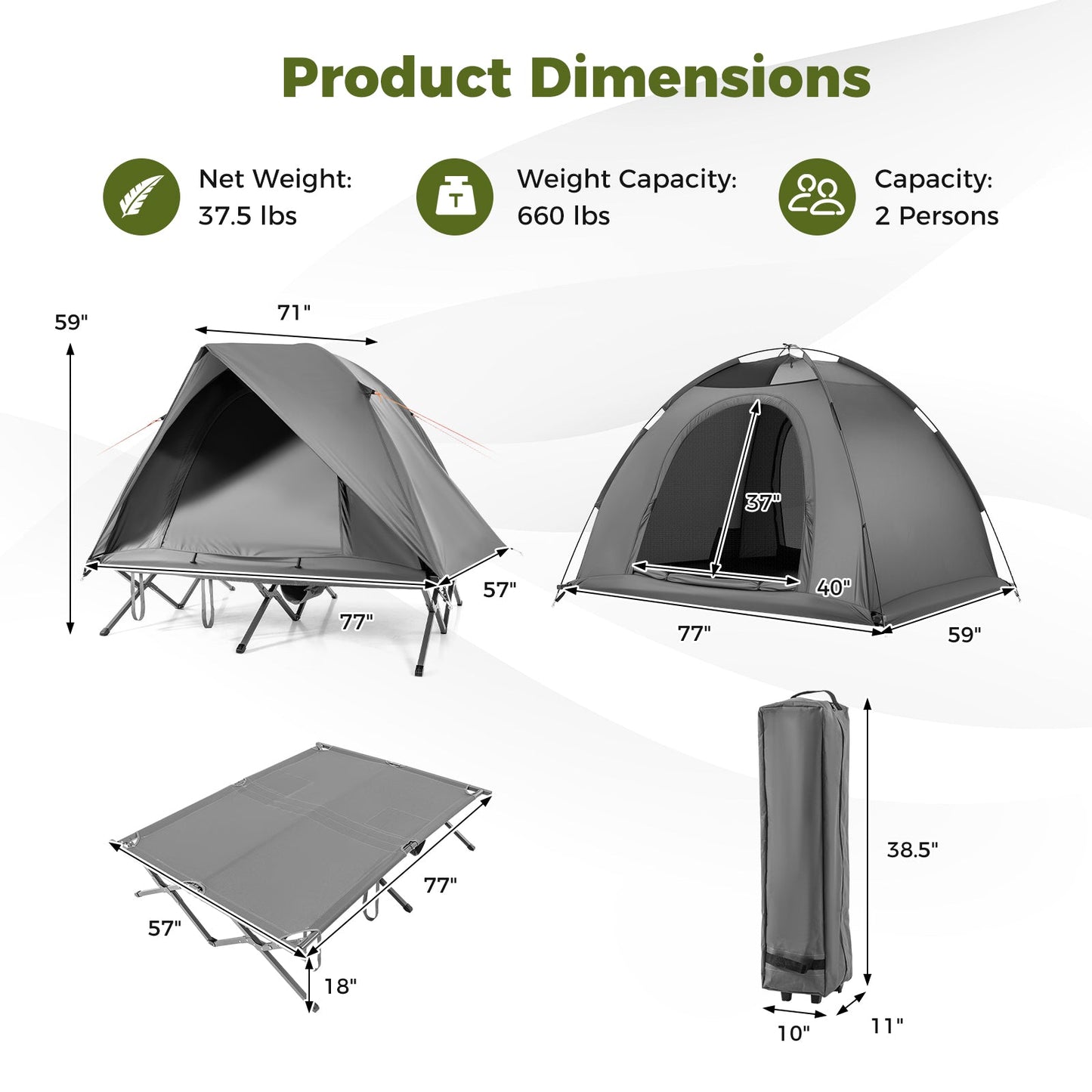 2-Person Camping Cot Tent Foldable Off-Ground Camping Combo for Adults