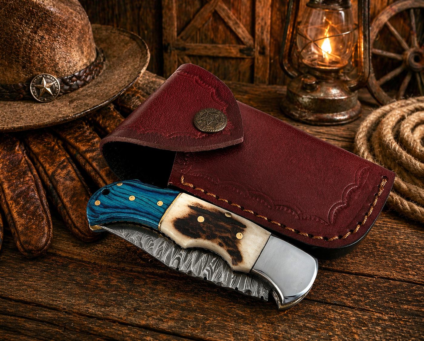 Hand Forged Damascus Pocket Knife – Engraved Folding Knife with Stag Horn & Blue Pakka Wood Handle