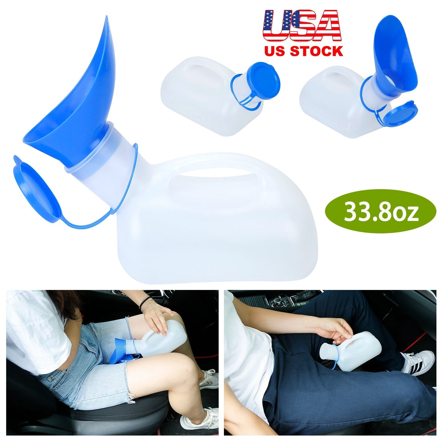Unisex Potty Urinal Bottle 1000ML/33.8OZ Adult Emergency Urinal Device Portable Male Female Toilet w/ Lid Funnel For Car Camping Travel Hospital Outdo