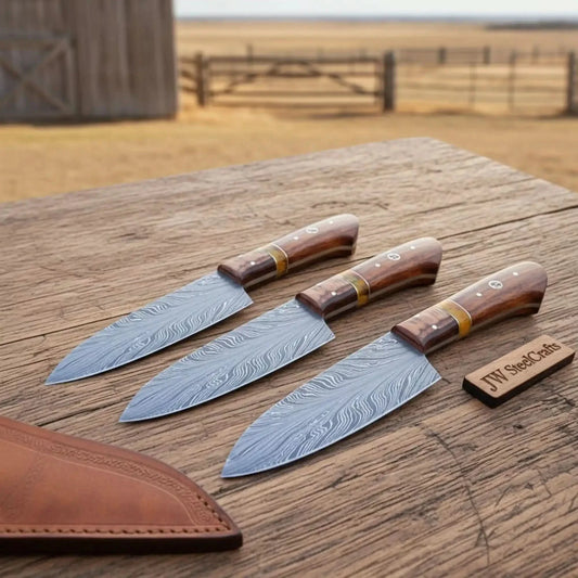 3 Piece Feather Pattern Damascus Knife Set, Handmade Chef, Santoku and Utility Knives with Pakka Wood Handles, Professional Kitchen Cutlery Set JW SteelCrafts