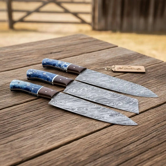 Handmade Damascus Steel Chef Knife Set, 3 Piece Kitchen Knife Set with Resin and Wood Handles, Professional Cooking Knives with Leather Roll, Custom Chef Gift Set JW SteelCrafts