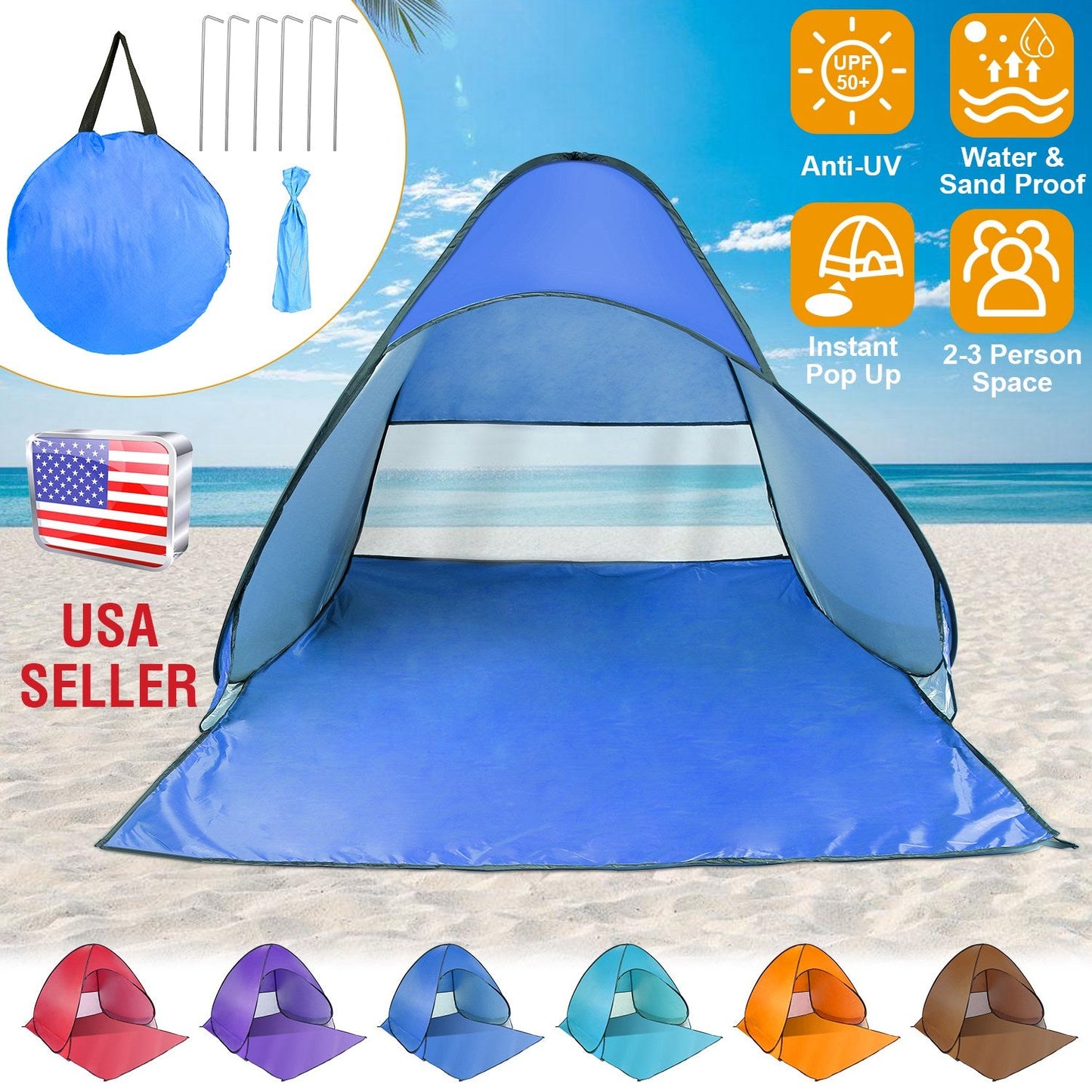 Pop Up Beach Tent Sun Shade Shelter Anti-UV Automatic Waterproof Tent Canopy for 2/3 Man w/ Net Window Storage Bag for Outdoor Beach Camping Fishing P