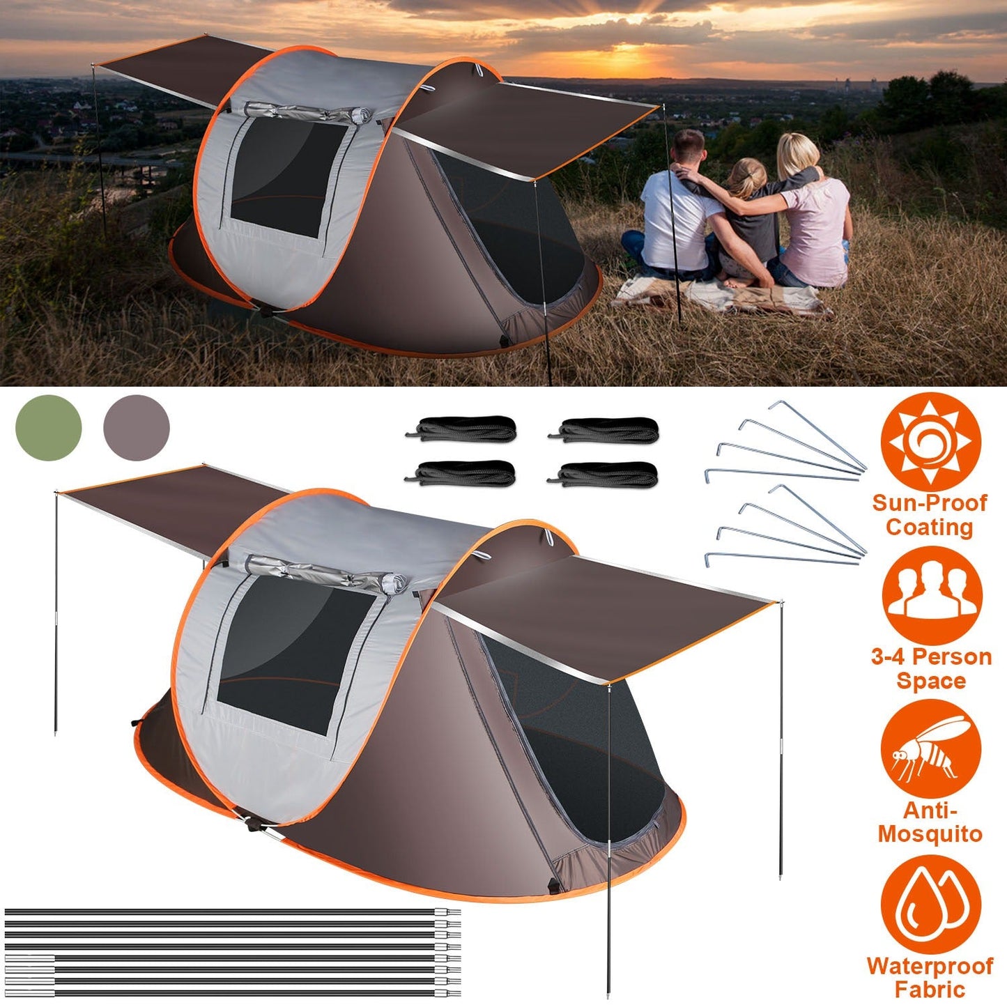 3-4 Person Pop Up Tent Automatic Setup Camping Tent Waterproof Instant Setup Tent with 2 Mosquito Net Windows Carrying Bag for Hiking Climbing Adventu