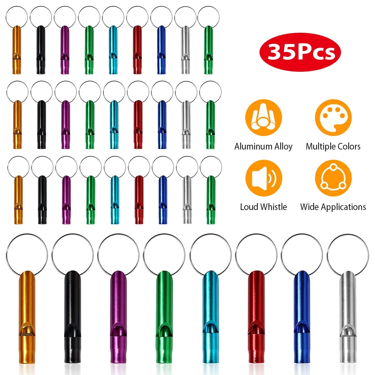 35Pcs Emergency Whistles Extra Loud Aluminum Alloy Whistle with Key Chain Ring for Camping Hiking Hunting Outdoor Sports Emergency Situations