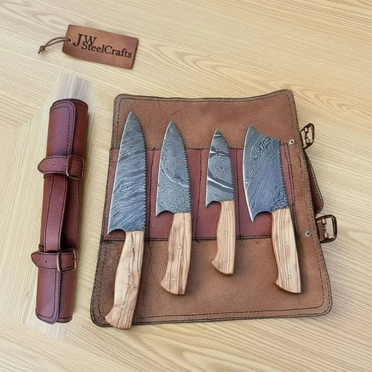4 Piece Damascus Kitchen Knife Set with Olive Wood Handles and Leather Roll, Chef Santoku Utility and Cleaver Handmade Cooking Knives