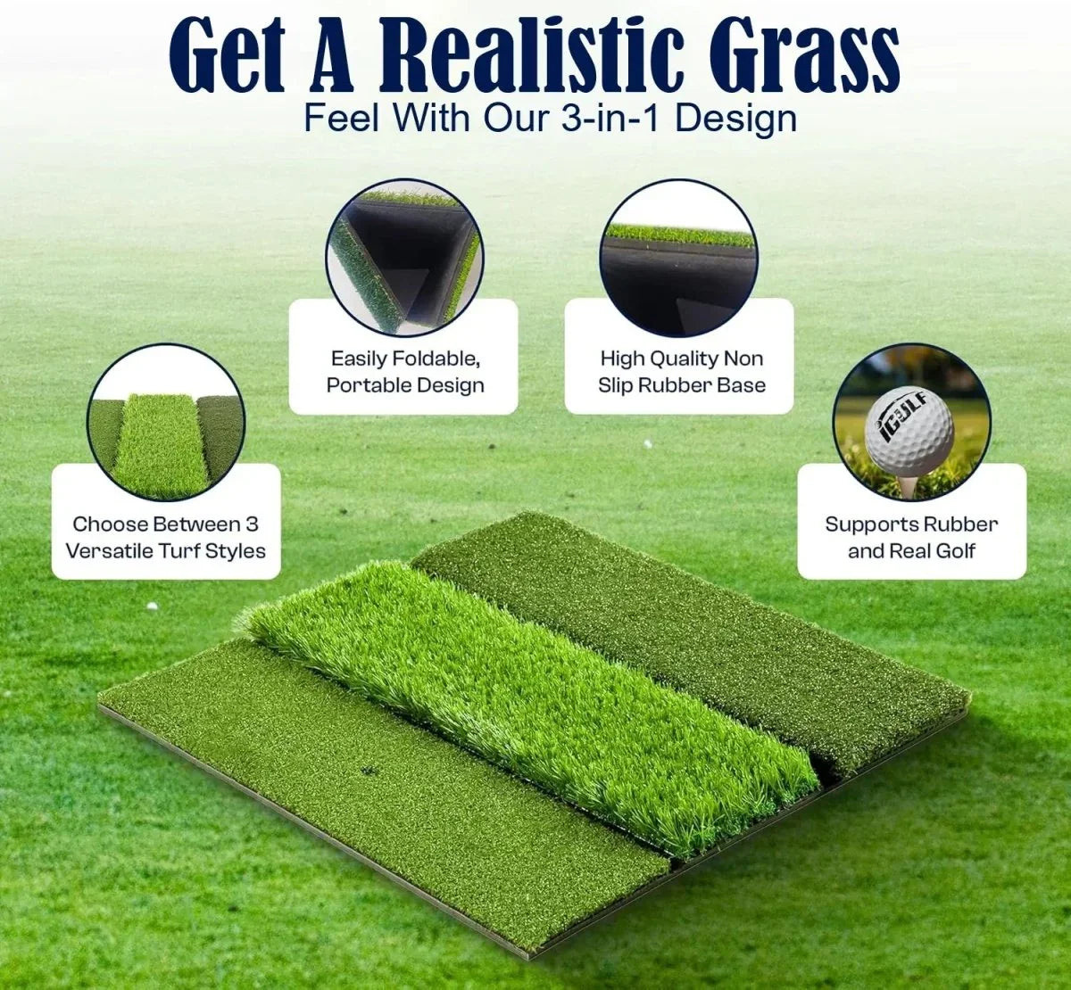 DCUTIE Premium 3-in-1 Golf Mat 24"x24" – Tri-Turf Practice Mat – Foldable Non-Slip Base