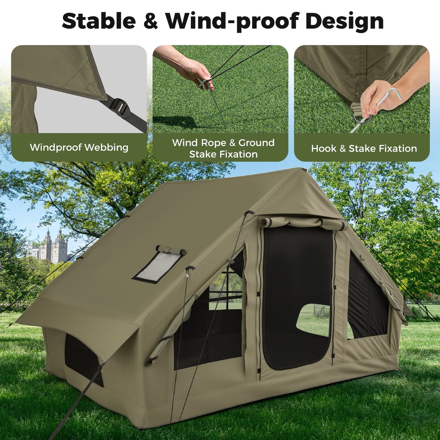 4-6 People Inflatable Camping Tent with 4 Mesh Screen Windows and 2 Doors