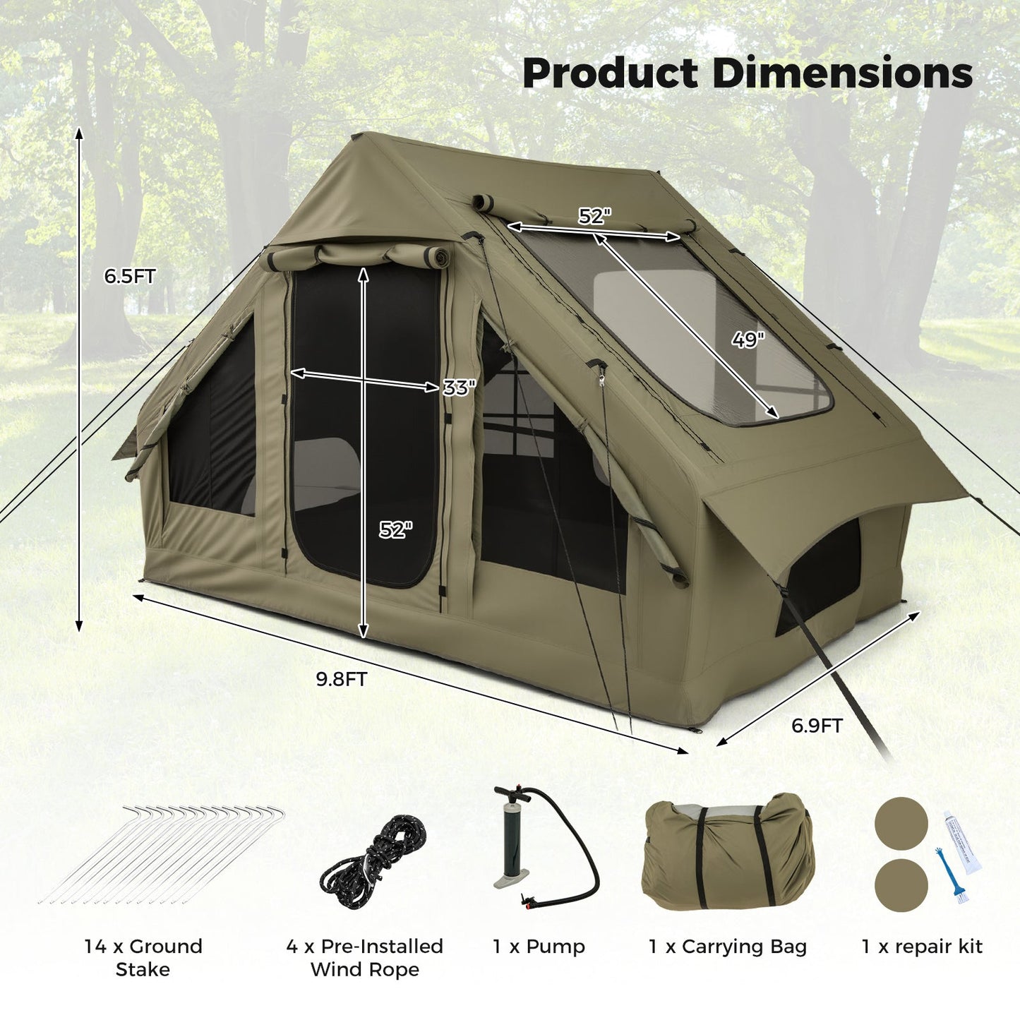 4-6 People Inflatable Camping Tent with 4 Mesh Screen Windows and 2 Doors