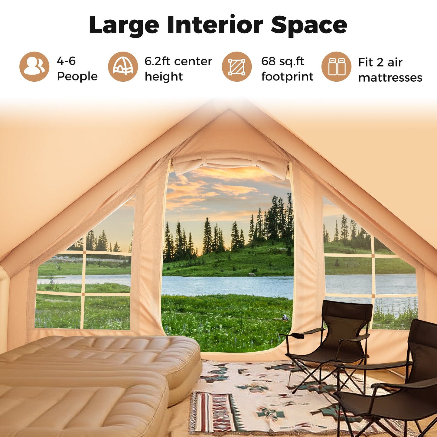 4-6 People Inflatable Camping Tent with 4 Mesh Screen Windows and 2 Doors