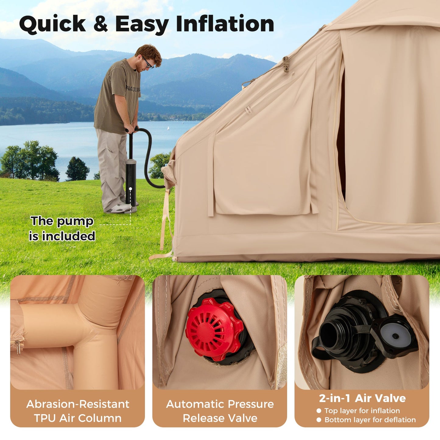 4-6 People Inflatable Camping Tent with 4 Mesh Screen Windows and 2 Doors