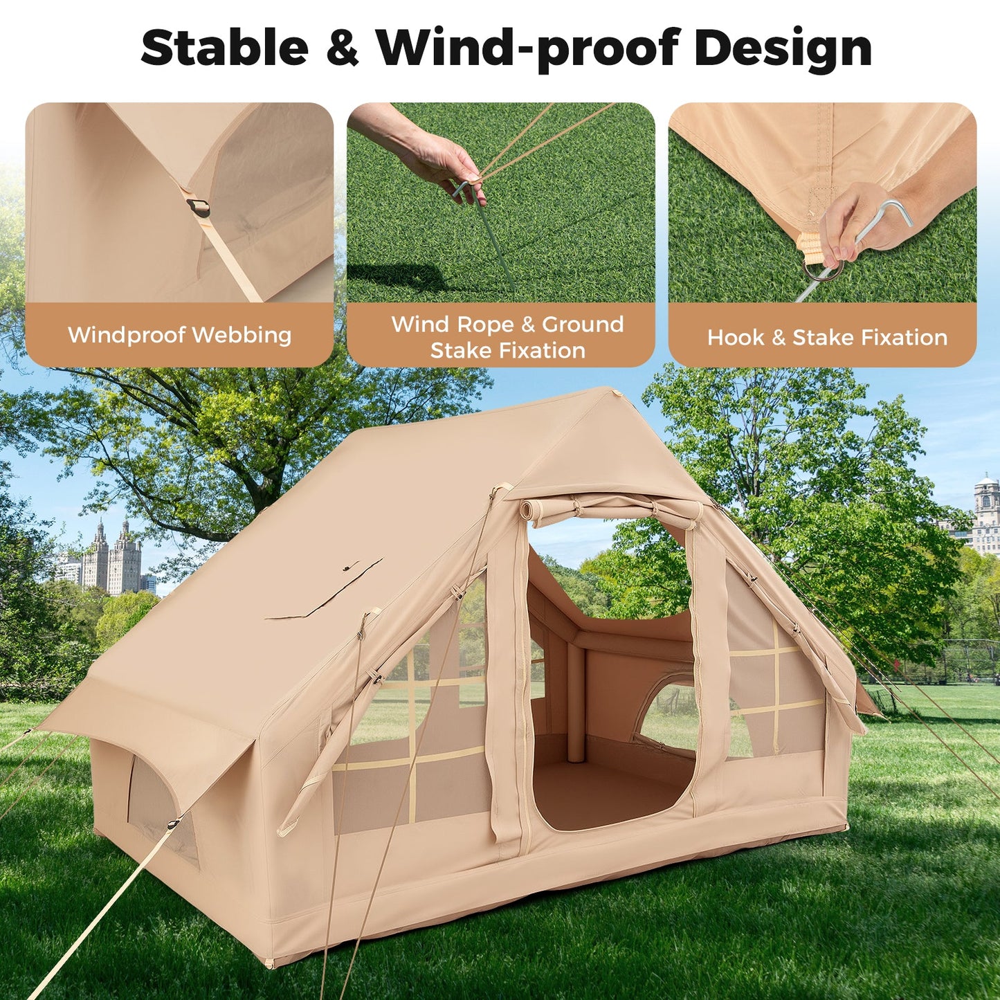 4-6 People Inflatable Camping Tent with 4 Mesh Screen Windows and 2 Doors