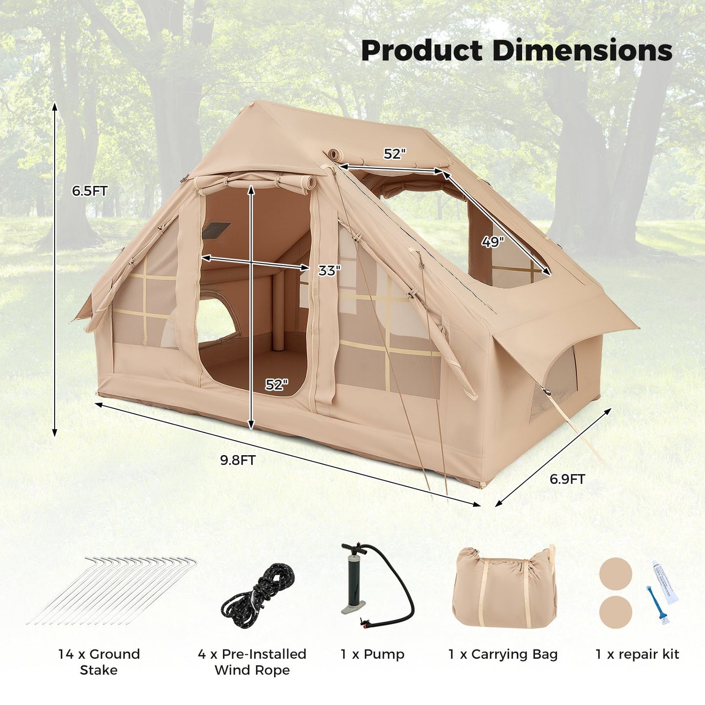 4-6 People Inflatable Camping Tent with 4 Mesh Screen Windows and 2 Doors