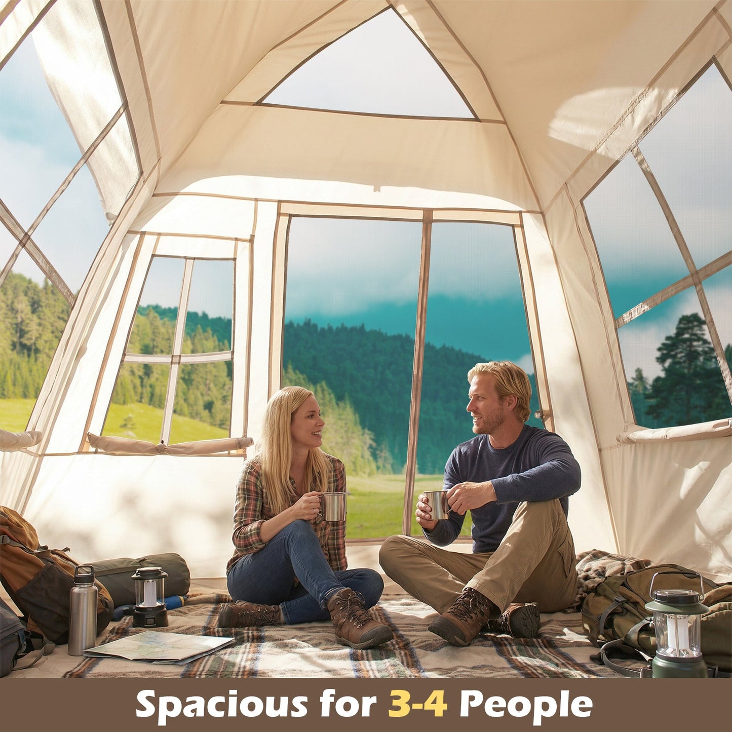 4 Person Camping Tent Portable Automatic Easy Setup with Rainfly and 2 Doors