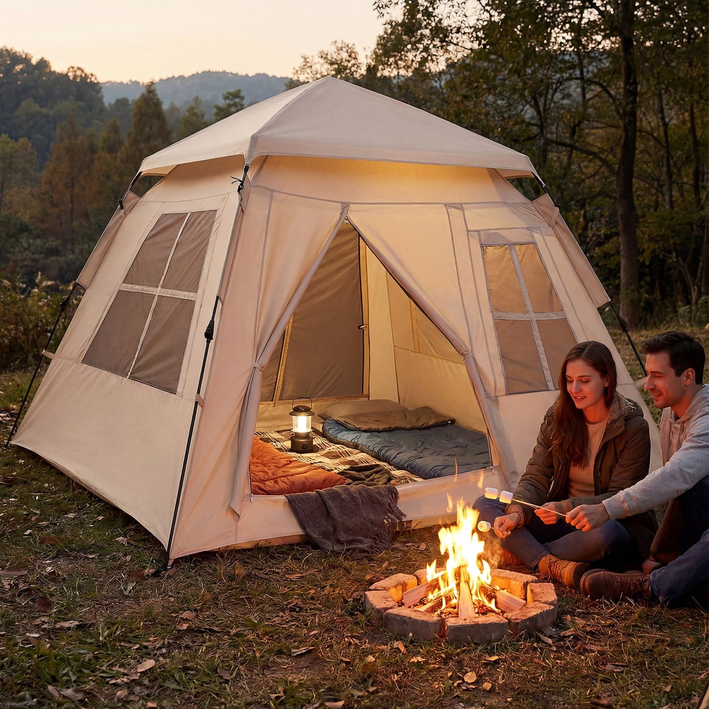 4 Person Camping Tent Portable Automatic Easy Setup with Rainfly and 2 Doors