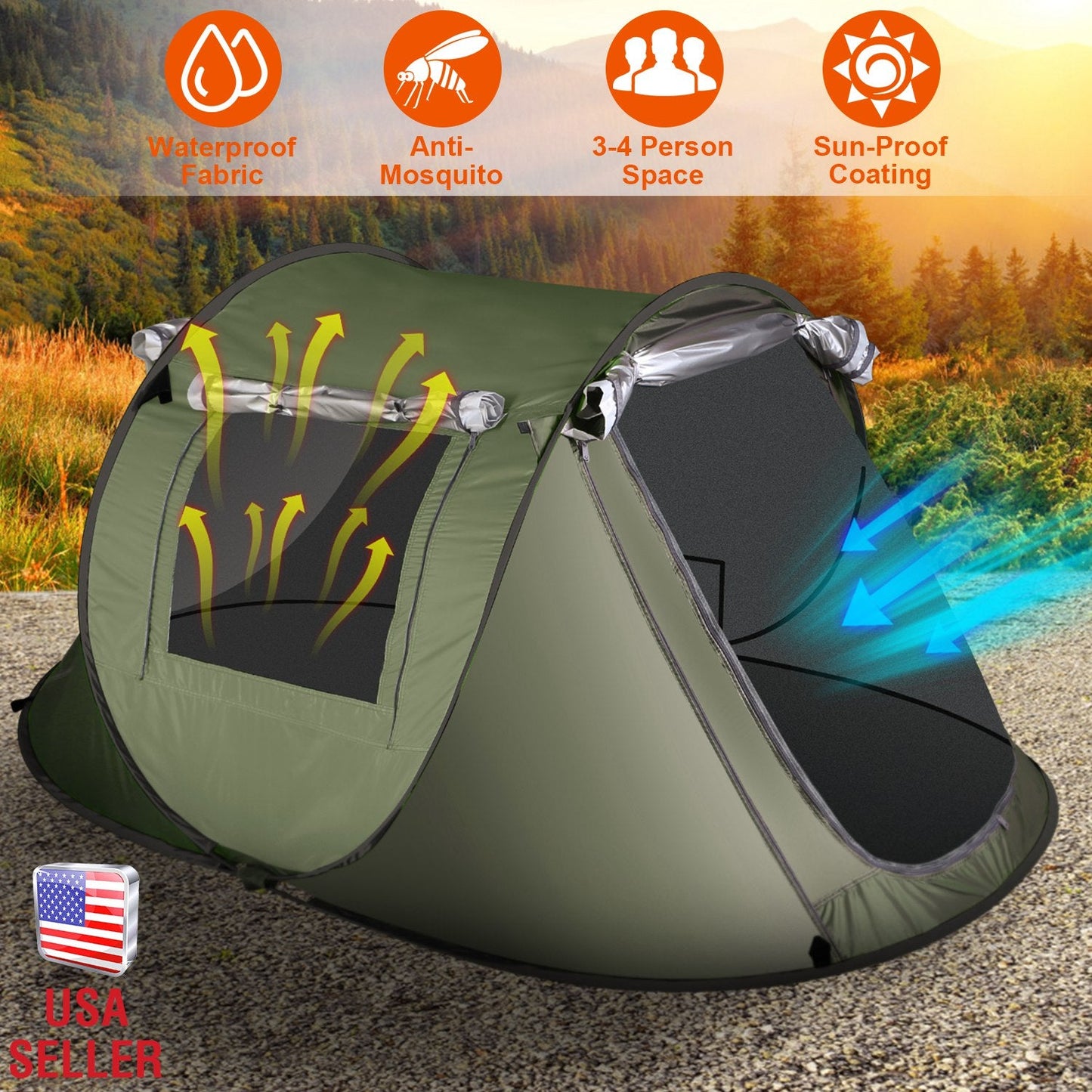 3-4 Person Pop Up Tent Automatic Setup Camping Tent Waterproof Instant Setup Tent with 2 Mosquito Net Windows Carrying Bag for Hiking Climbing Adventu