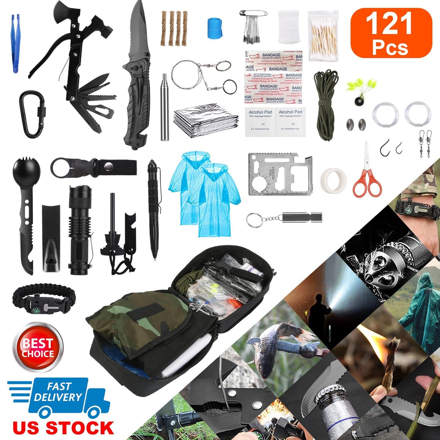 121Pcs Survival Kits Professional Emergency Survival Gear Tactical First Aid Kit Supplies for Outdoor Adventure Camping Hiking Hunting