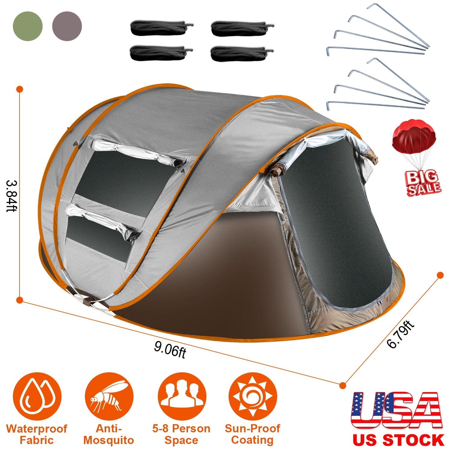 3-4 Person Pop Up Tent Automatic Setup Camping Tent Waterproof Instant Setup Tent with 2 Mosquito Net Windows Carrying Bag for Hiking Climbing Adventu