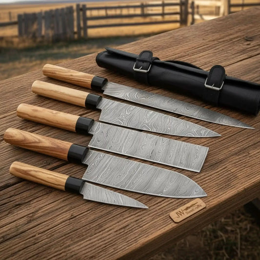 Handmade Damascus Steel Kitchen Knife Set, 5 Piece Chef Knife Set with Olive Wood Handles and Leather Roll, Professional Cooking Knife Set JW SteelCrafts