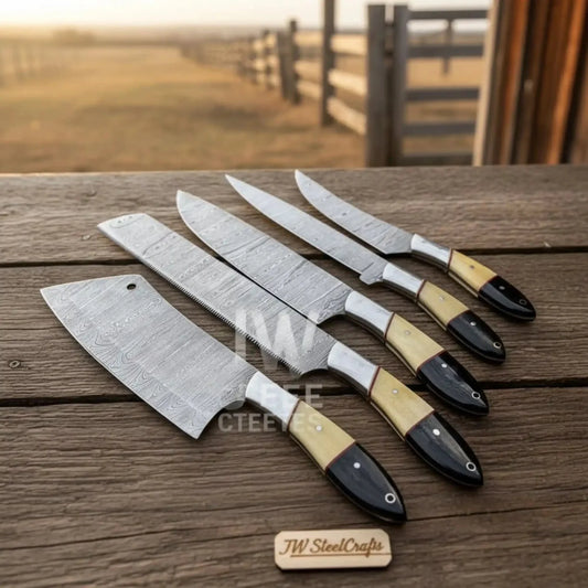 5-Piece Handmade Damascus Chef Knife Set with Wood and Resin Handles