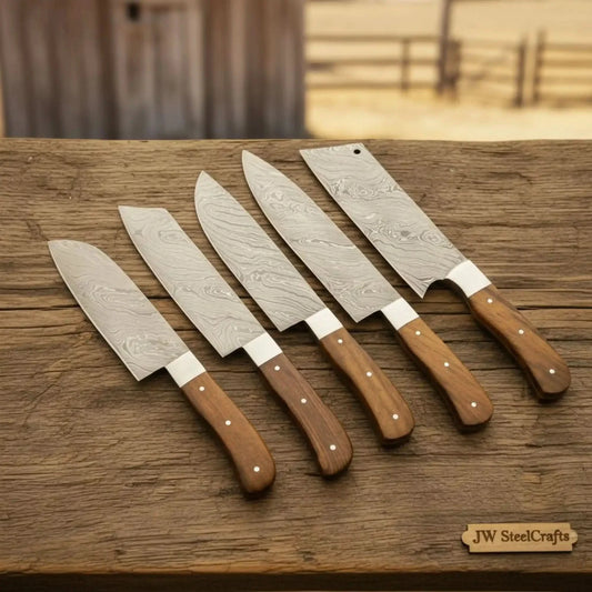 Custom Damascus Steel Kitchen Knife Set, 5-Piece Collection with Rosewood Handles