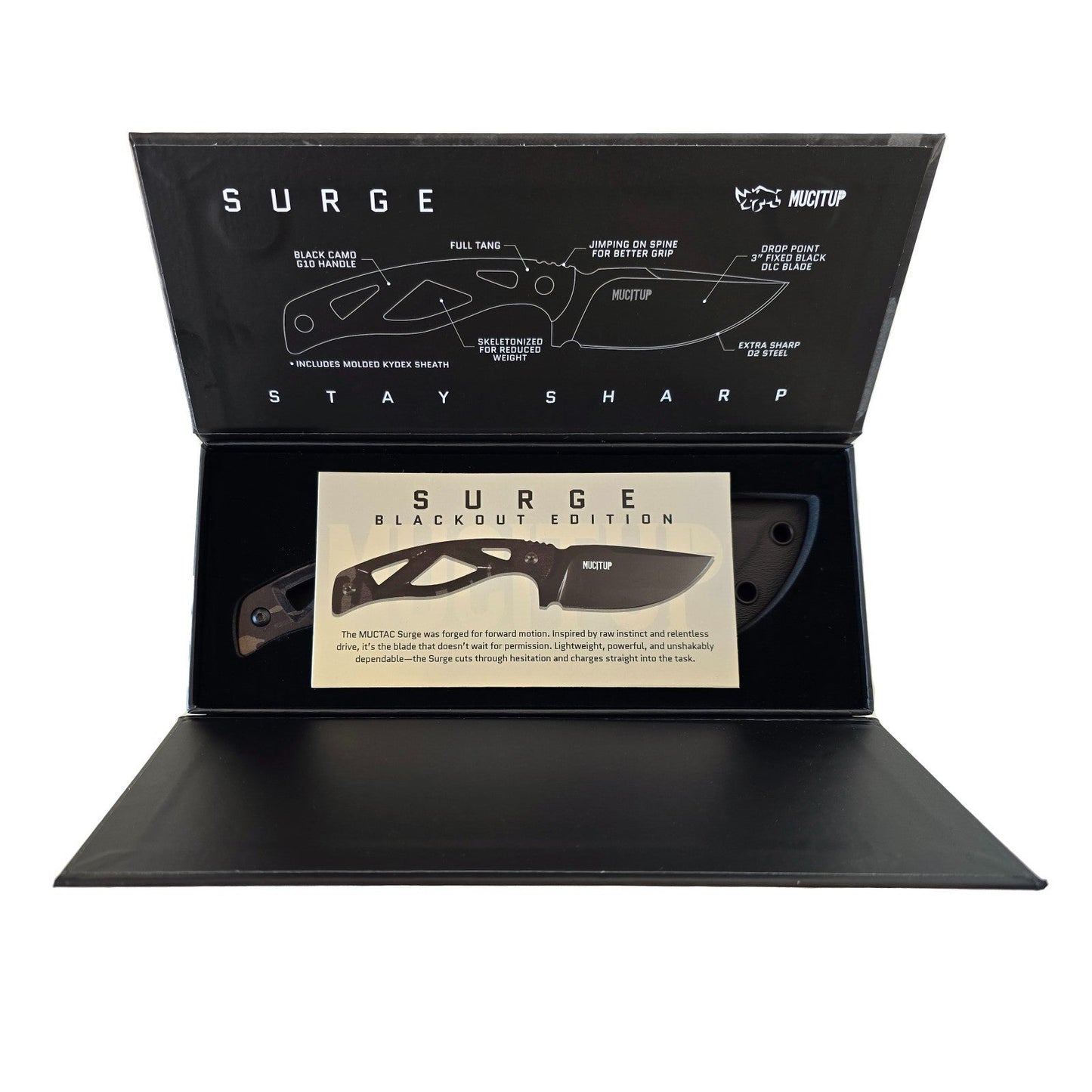 MUCITUP LIMITED EDITION MUCTAC Surge Fixed Blade Knife D2 Steel 3" DLC Blade Multicam Black G10