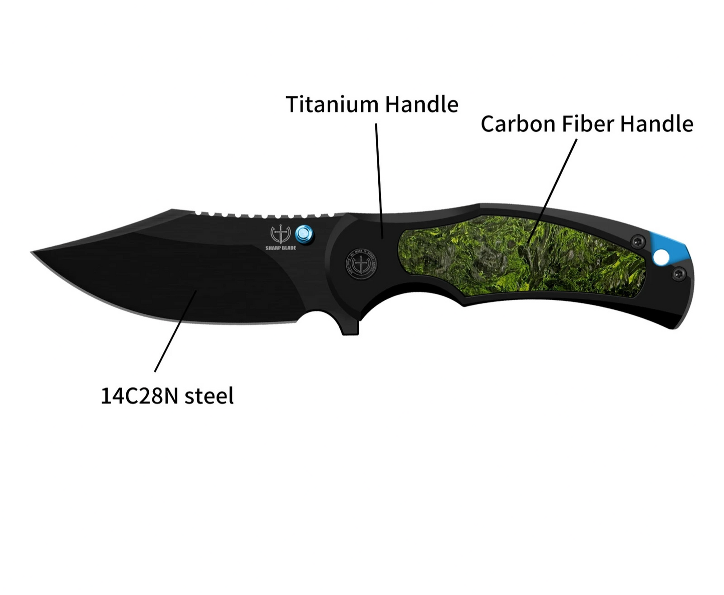 Sharp Blade Titanium Frame Lock Flipper Knife 14C28N Carbon Fiber