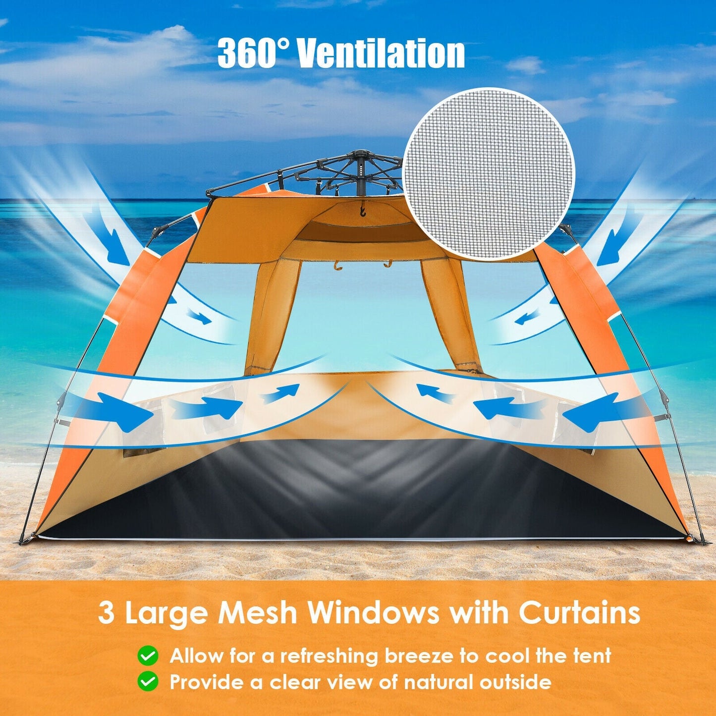 3-4 Person Easy Pop Up Beach Tent UPF 50+ Portable Sun Shelter
