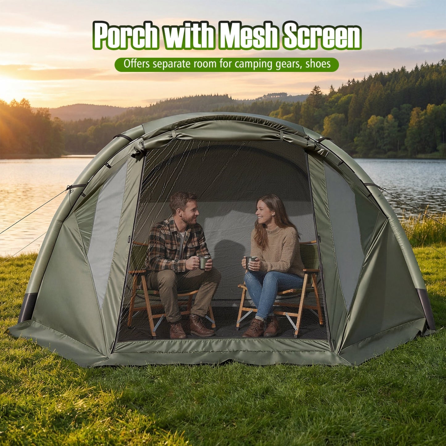 5-7 Person Inflatable Camping Tent with Screened Porch-Green