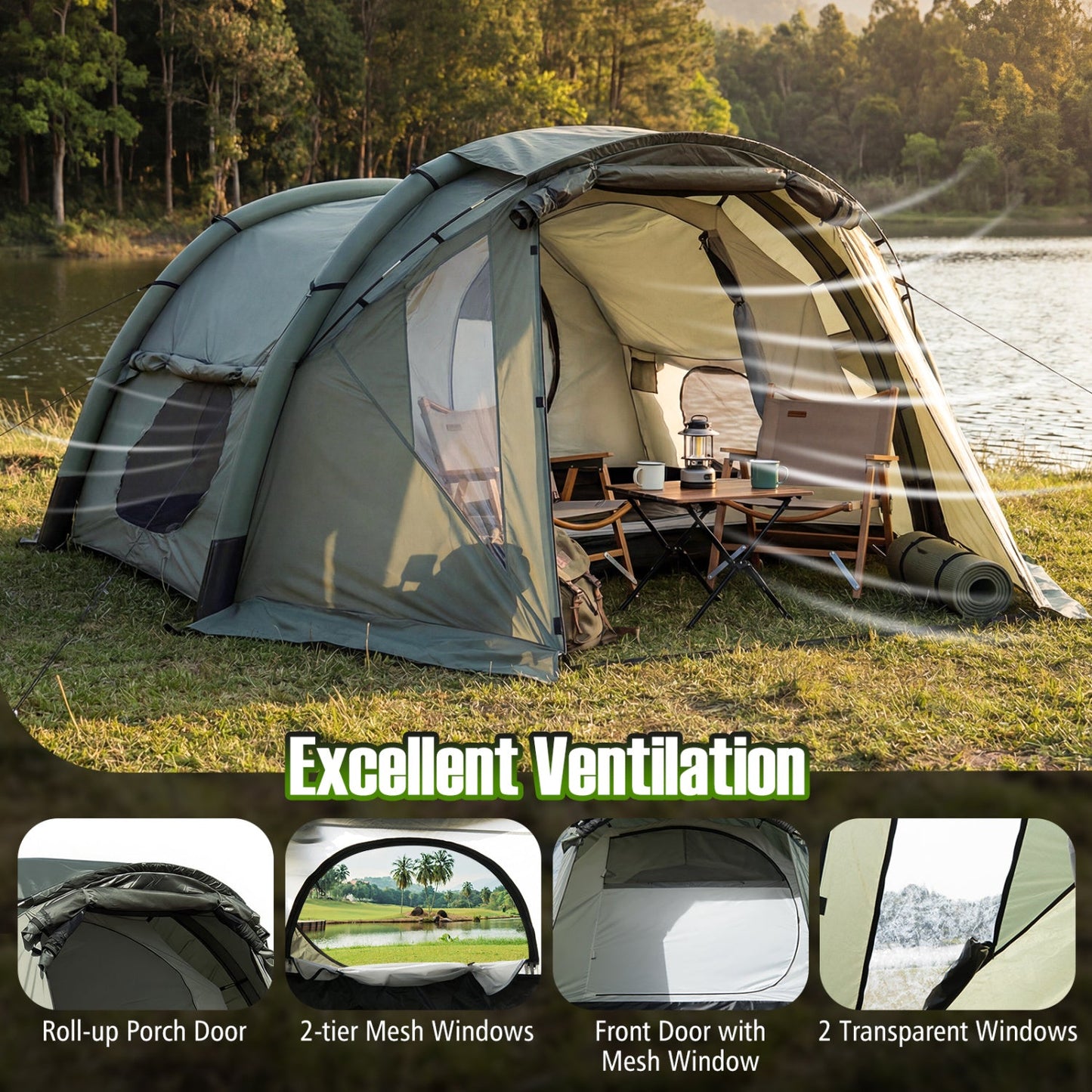 5-7 Person Inflatable Camping Tent with Screened Porch-Green