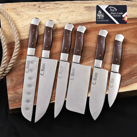 Handmade 6 Piece Chef Knife Set with Leather Roll – Full Tang Kitchen Knives Set with Cleaver, Chef, Santoku, Utility & Paring