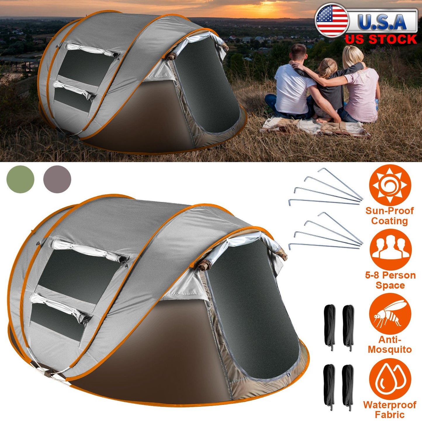 3-4 Person Pop Up Tent Automatic Setup Camping Tent Waterproof Instant Setup Tent with 2 Mosquito Net Windows Carrying Bag for Hiking Climbing Adventu